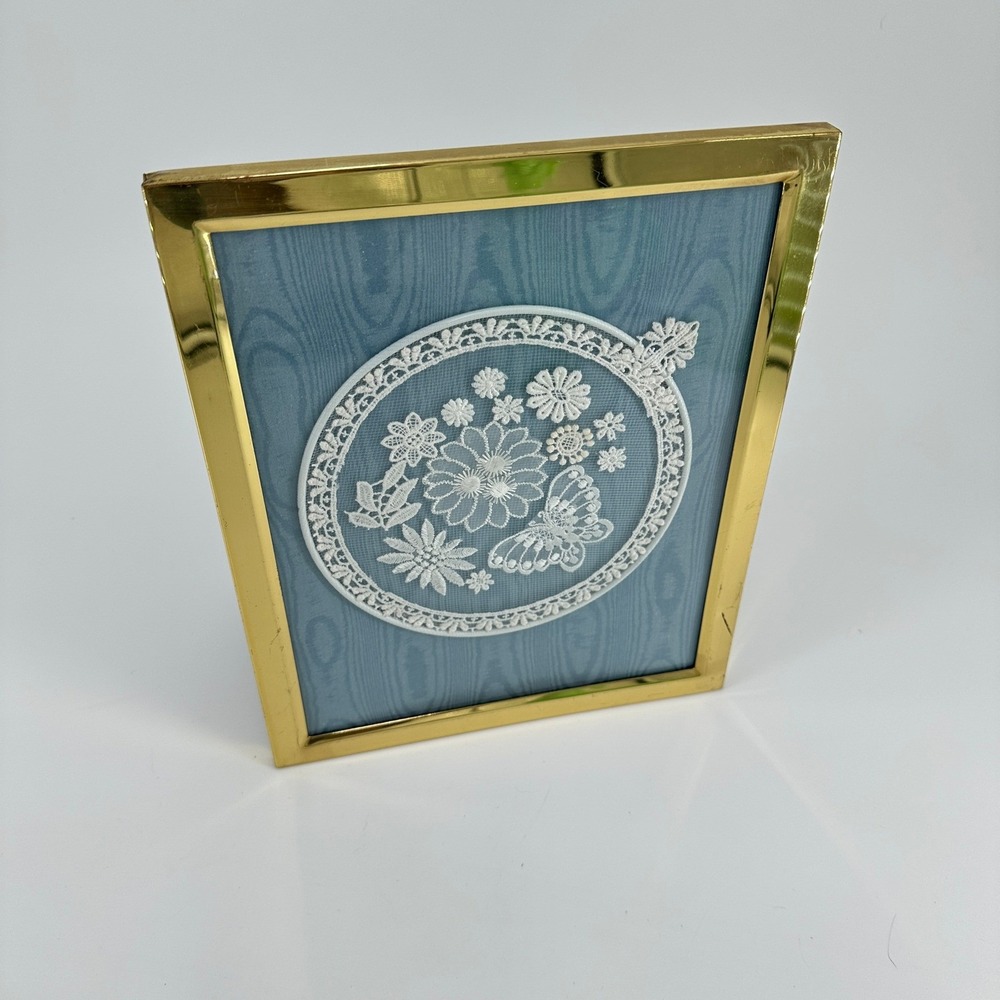 Framed White Lace Butterfly Floral Medallion Blue Moire Background Gold Frame